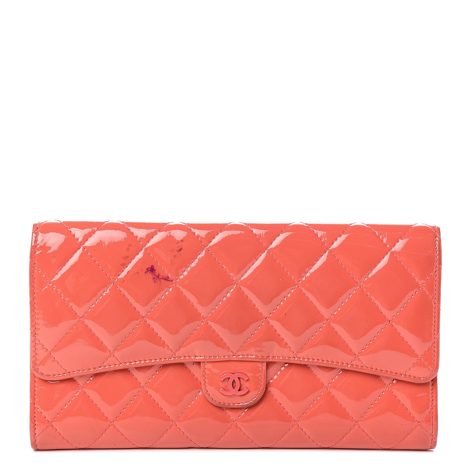 Chanel Patent Quilted Large Flap Wallet Coral 1 of 11