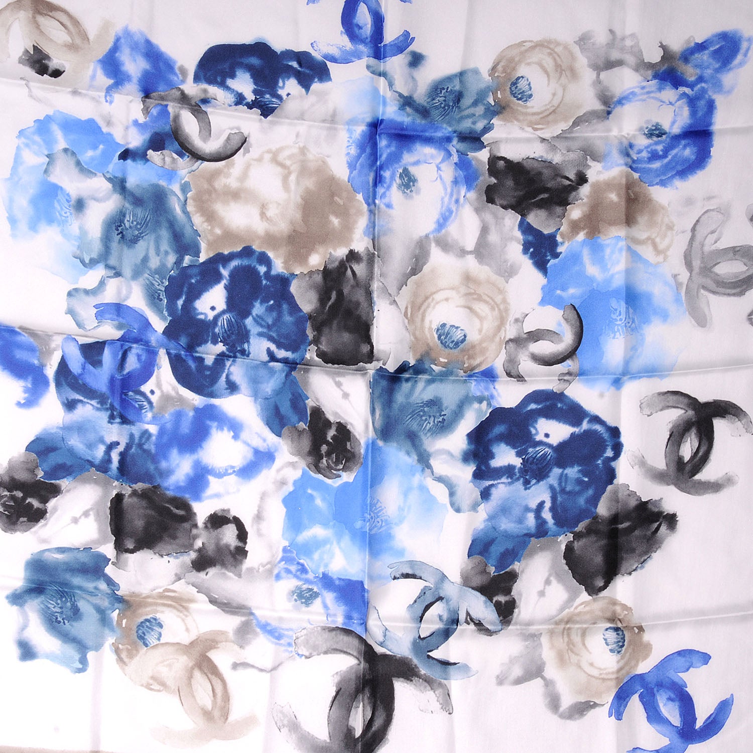 Chanel Silk CC Watercolor Camellia Flower Scarf White Blue 1 of 5