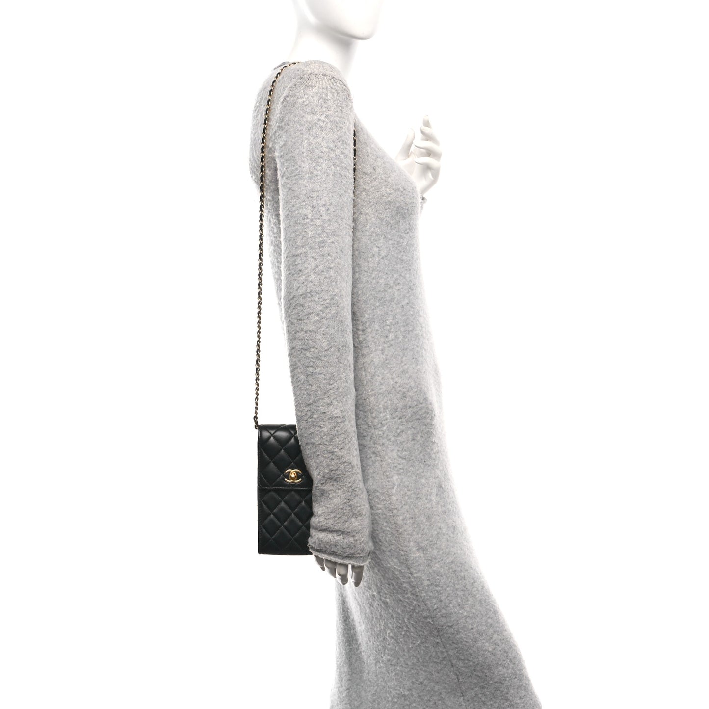 Lambskin Quilted Pearl Crush Phone Holder With Chain Black
