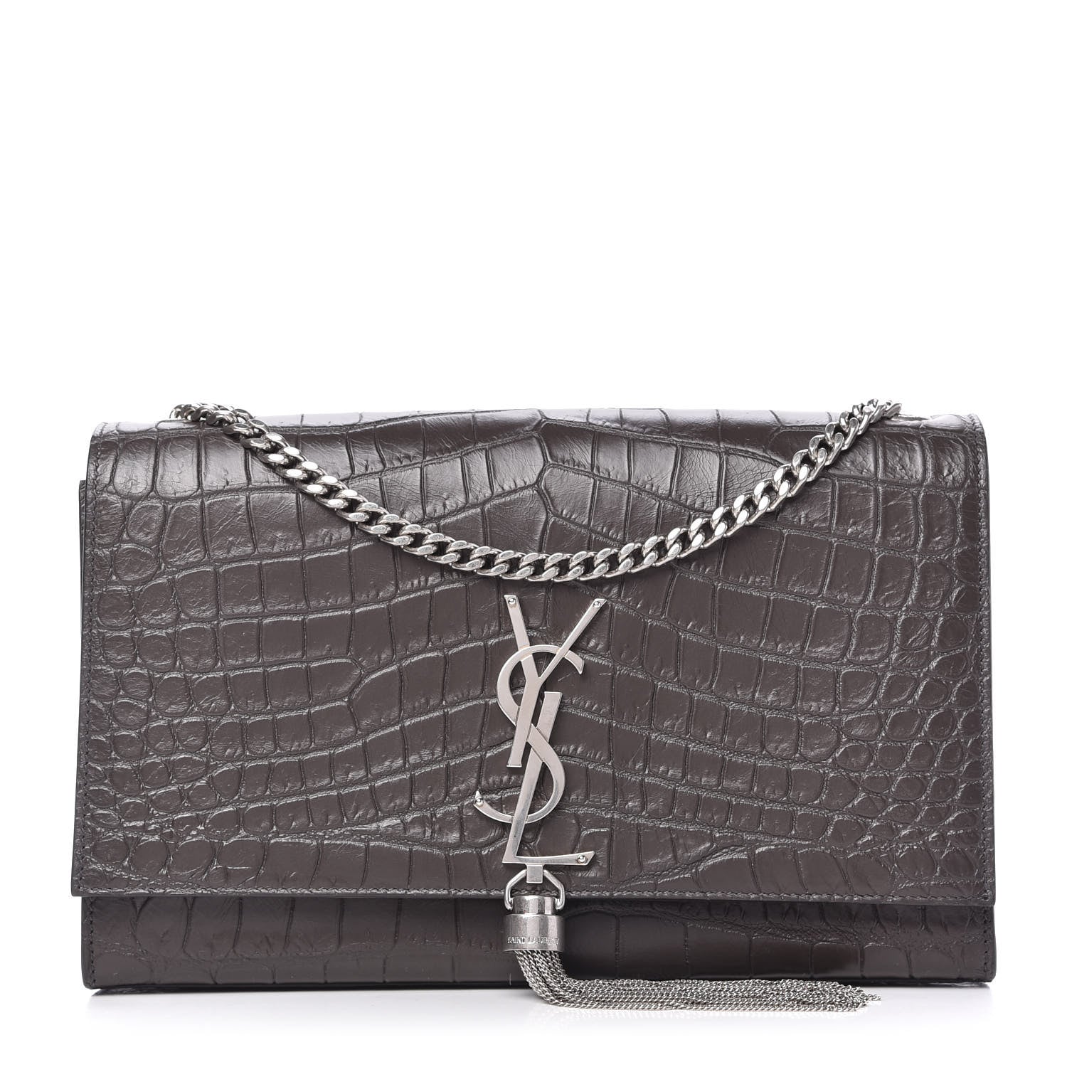 Saint Laurent Calfskin Crocodile Embossed Medium Classic Monogram Kate Tassel Satchel Earth Grey 1 of 9