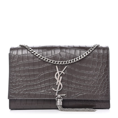 Saint Laurent Calfskin Crocodile Embossed Medium Classic Monogram Kate Tassel Satchel Earth Grey 1 of 9
