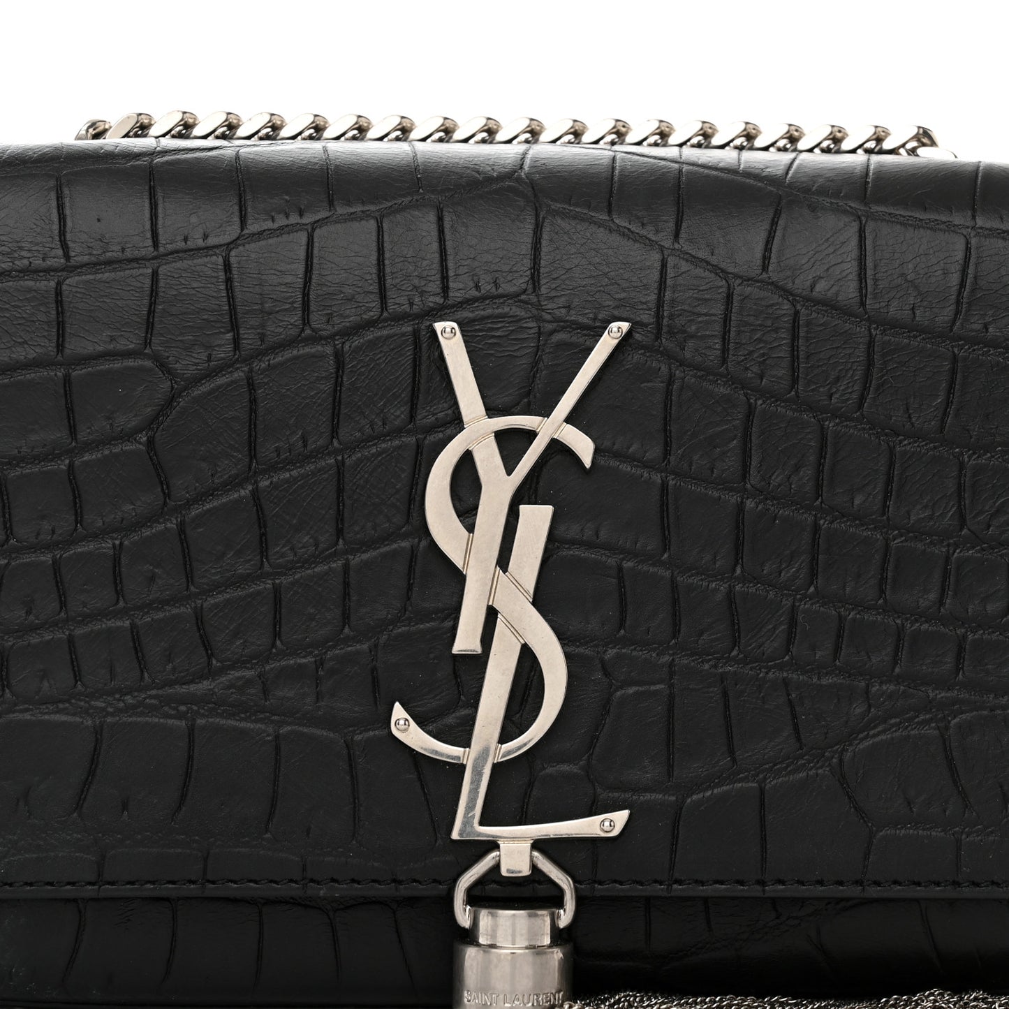 Calfskin Crocodile Embossed Small Classic Monogram Kate Tassel Satchel Black