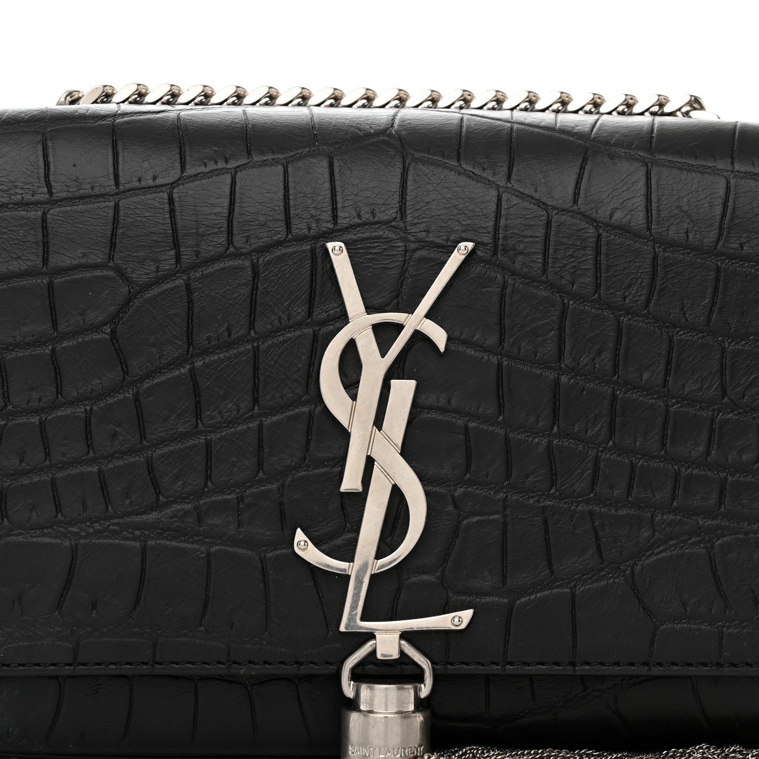 Saint Laurent Calfskin Crocodile Embossed Small Classic Monogram Kate Tassel Satchel Black 7 of 9