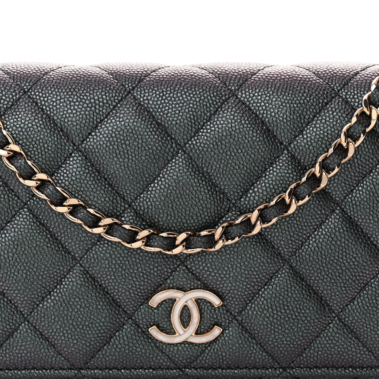 Iridescent Caviar Quilted Wallet on Chain WOC Dark Blue