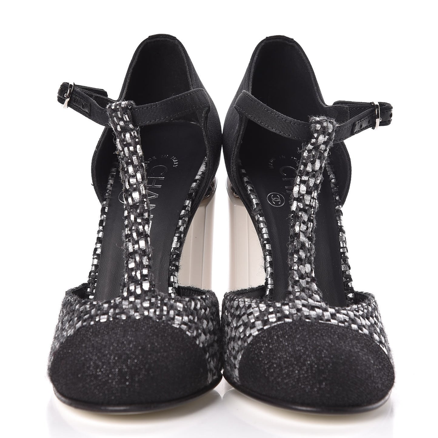 Tweed Grosgrain Chain T-Strap Pumps 38.5 Black Silver