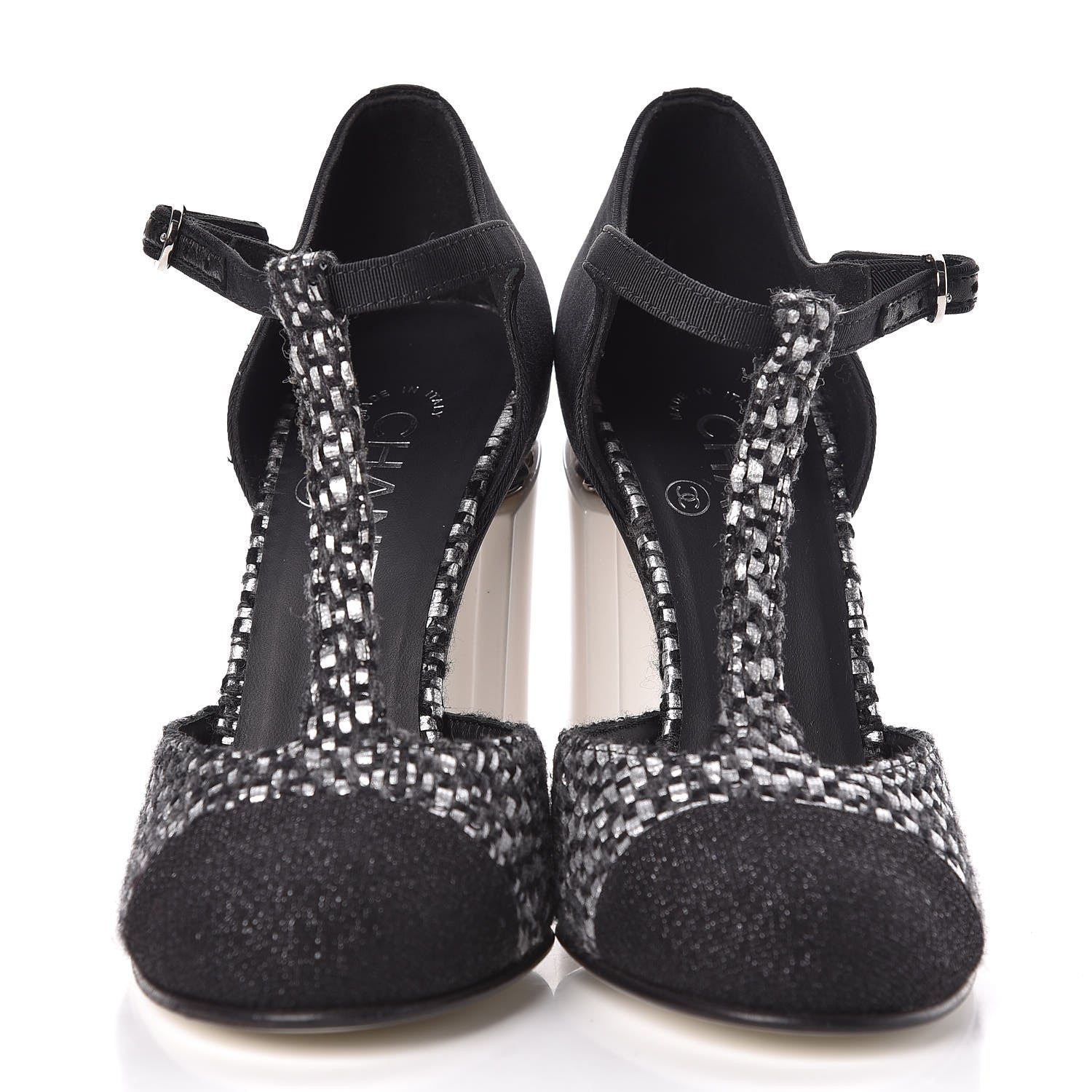 Chanel Tweed Grosgrain Chain T-Strap Pumps 38.5 Black Silver 2 of 9