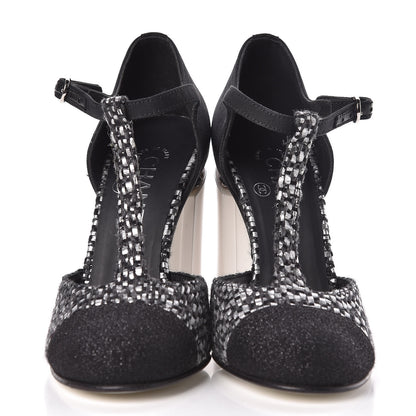Chanel Tweed Grosgrain Chain T-Strap Pumps 38.5 Black Silver 2 of 9