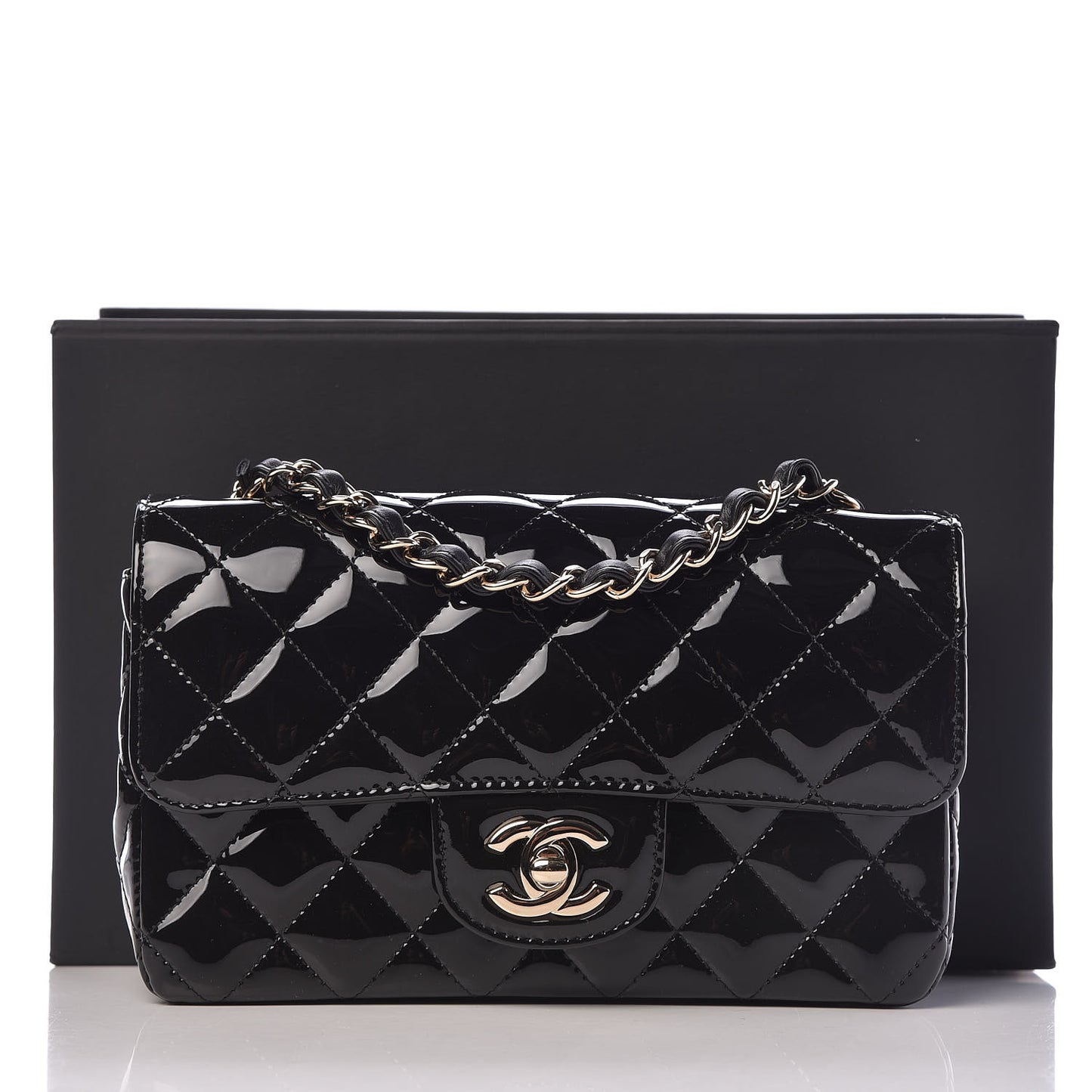 Patent Calfskin Quilted Mini Rectangular Flap Black