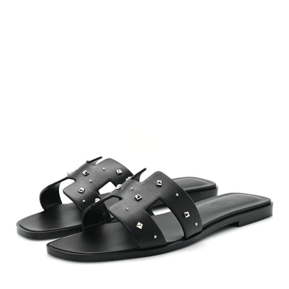 Hermes Calfskin Studded Oran Sandals 37.5 Black 4 of 10