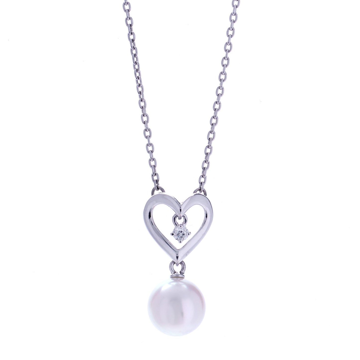 18K White Gold Diamond Akoya Pearl 7mm Heart Drop Pendant Necklace