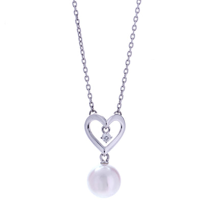 Mikimoto 18K White Gold Diamond Akoya Pearl 7mm Heart Drop Pendant Necklace 1 of 6