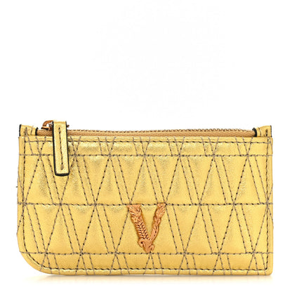 Versace Metallic Nappa Quilted Virtus Zip Pouch Card Holder Gold 1 of 8