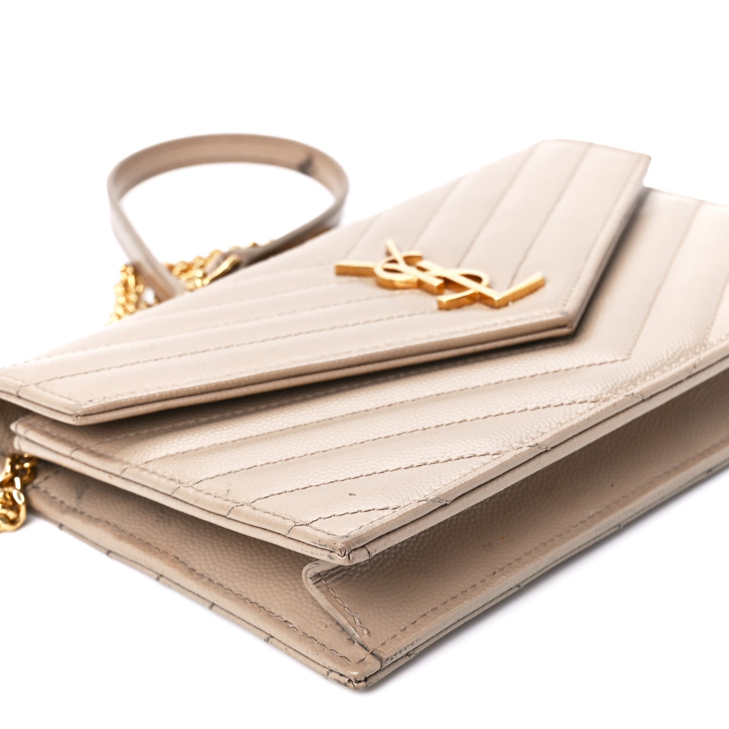 Grain De Poudre Matelasse Chevron Monogram Envelope Chain Wallet Dark Beige