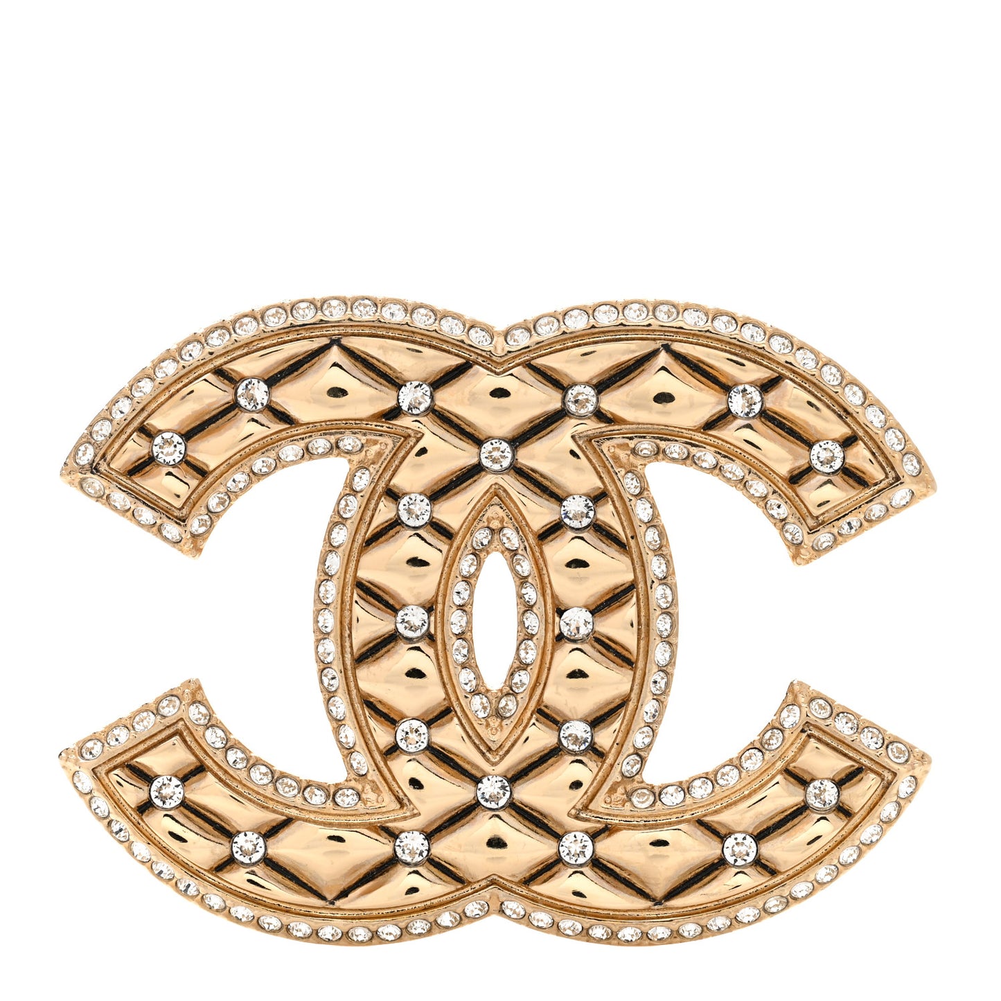 Crystal Quilted CC Brooch Gold