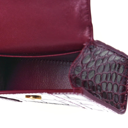 Balenciaga Shiny Calfskin Crocodile Embossed Hourglass Top Handle Bag Mini with Chain Dark Red 5 of 9