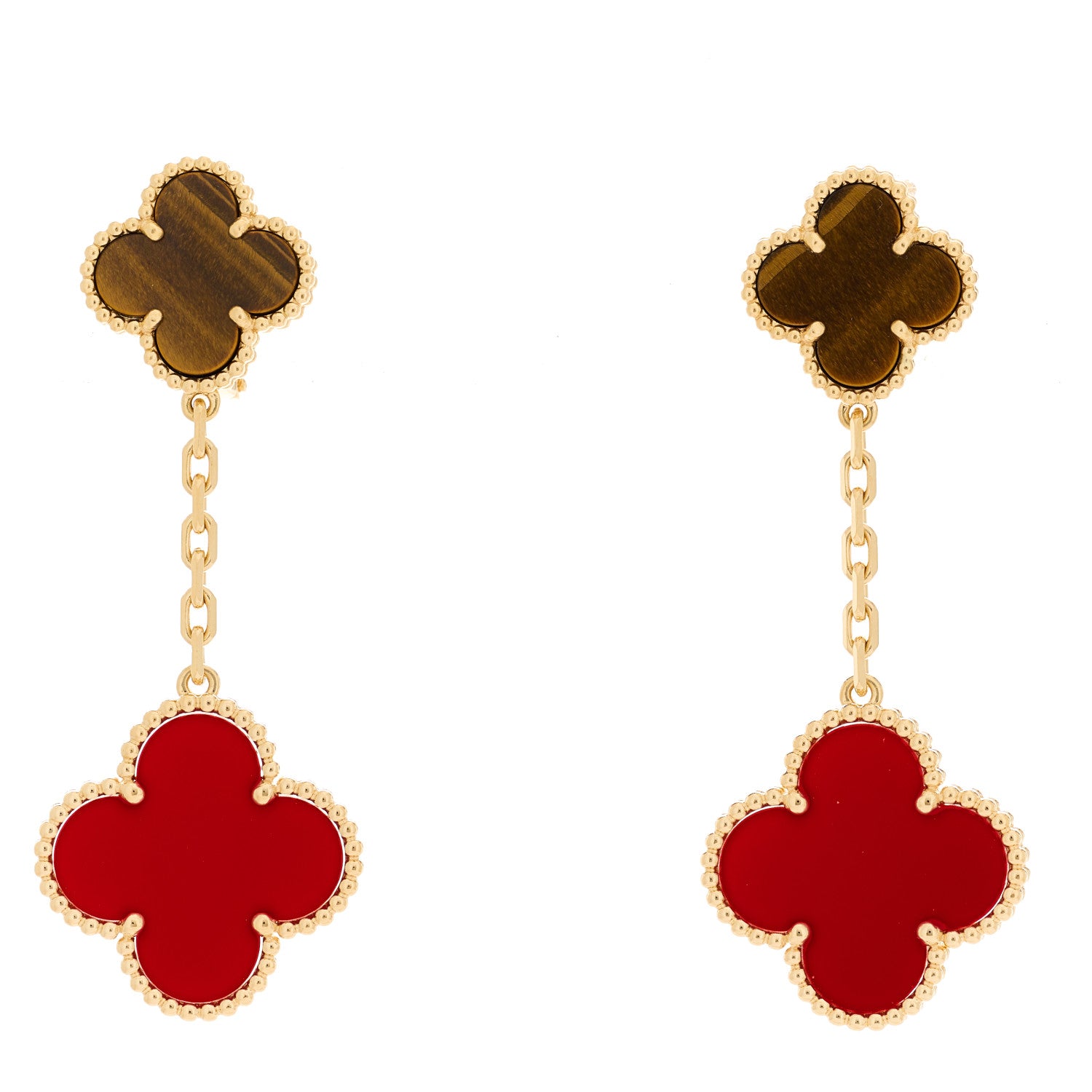 Van Cleef & Arpels VAN CLEEF & ARPELS 18K Yellow Gold Tiger Eye Carnelian 2 Motifs Magic Alhambra Earrings 1 of 5