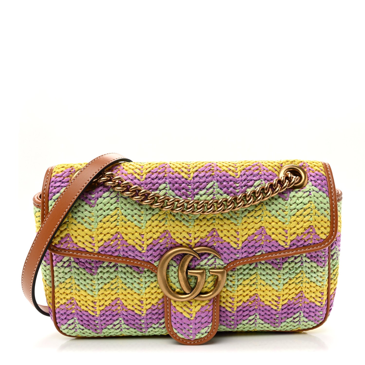 Gucci Calfskin Raffia Woven Small GG Marmont Shoulder Bag