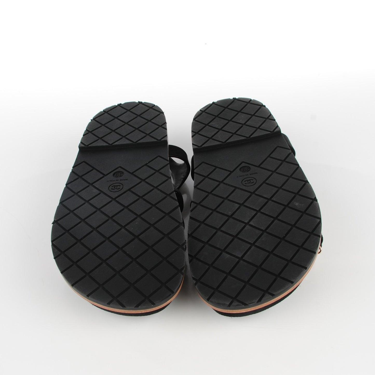 Satin Lambskin Chain Flat Sandals 39 Black