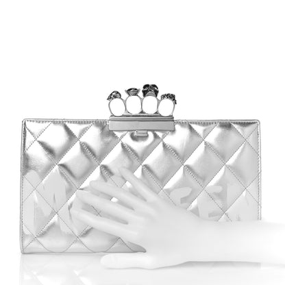 Alexander McQueen Metallic Calfskin Quilted Four Ring Knuckle Flat Clutch Silver 2 of 10
