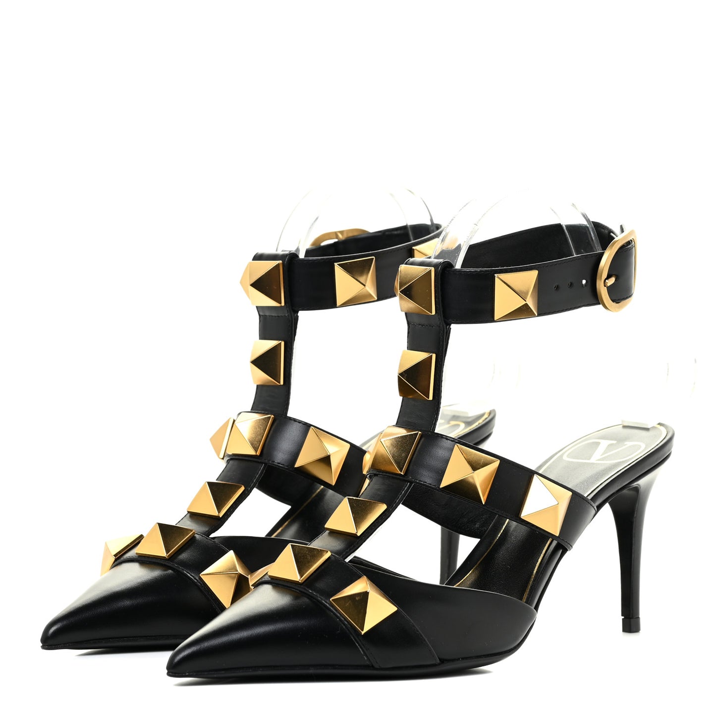 Calfskin Roman Stud Ankle Strap 80mm Pumps 35 Black
