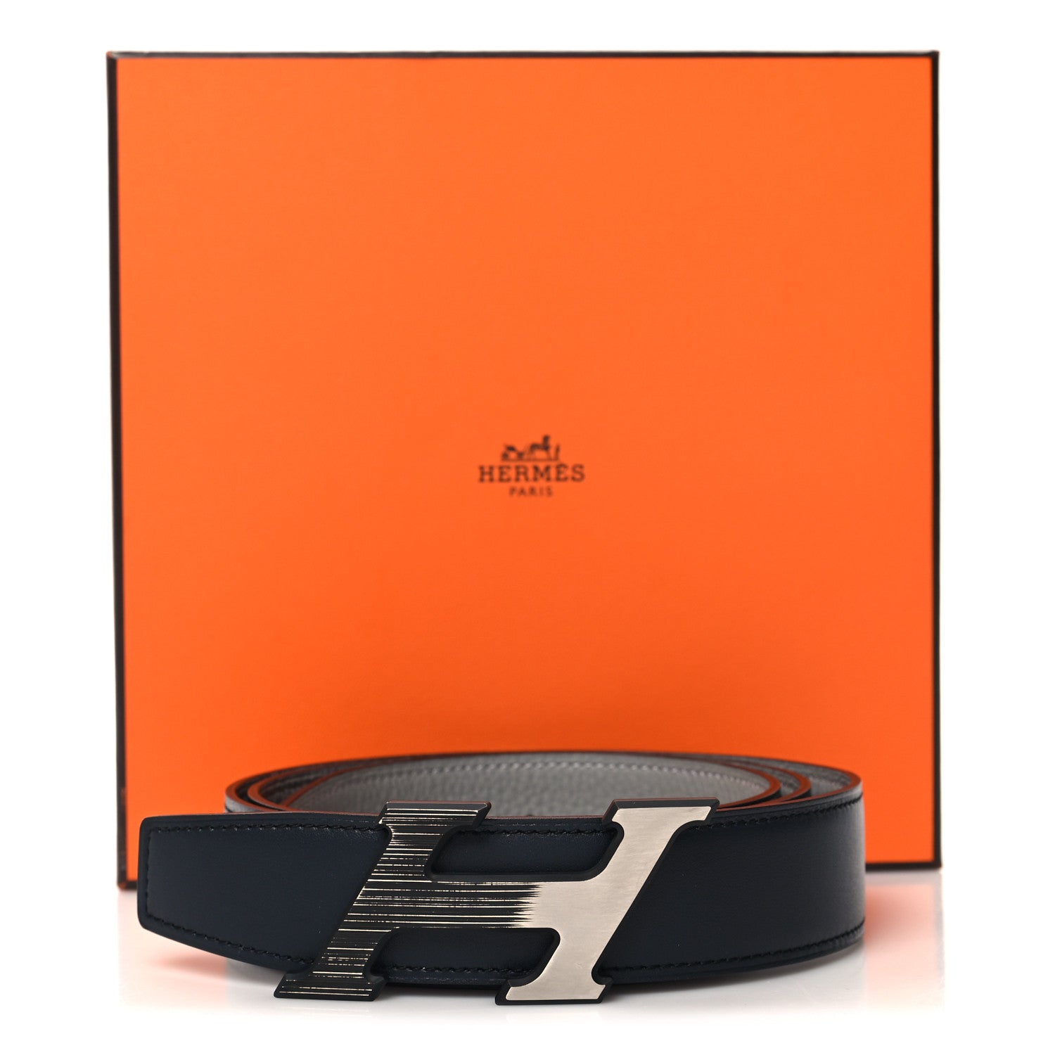 Hermes Box Togo 32mm H Speed Belt 95 38 Bleu Marine Gris Mouette 6 of 6