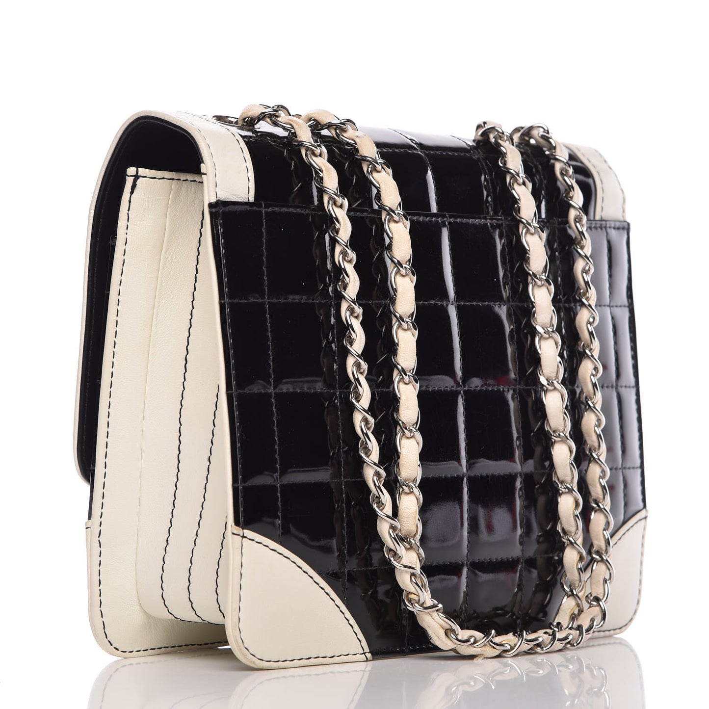 Lambskin Patent Chocolate Bar Flap Black White