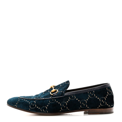 Gucci Velvet GG Monogram Horsebit Mens Jordaan Loafers 11 Blue Beige 1 of 9