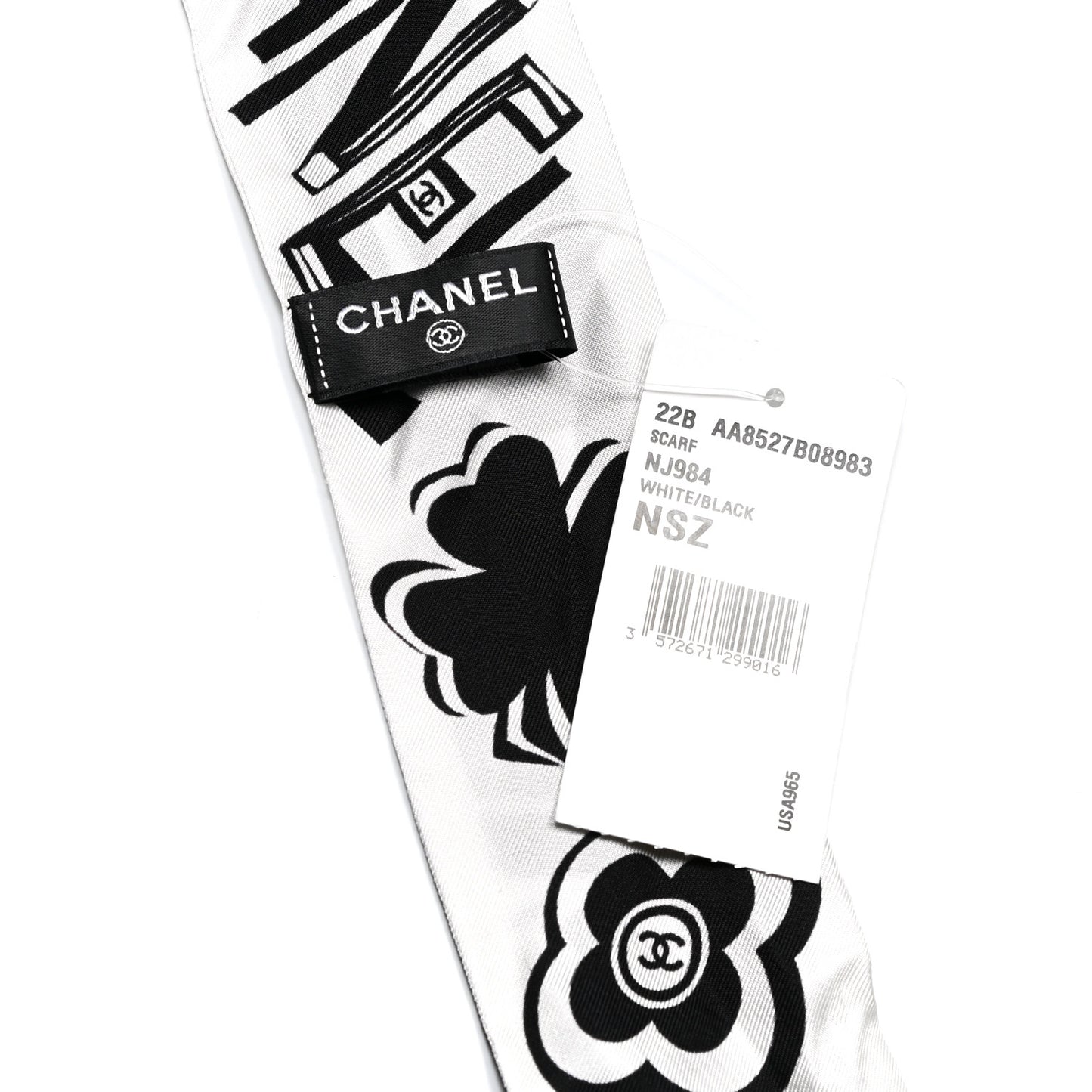 Silk CC Logo Slim Bandeau Scarf White Black