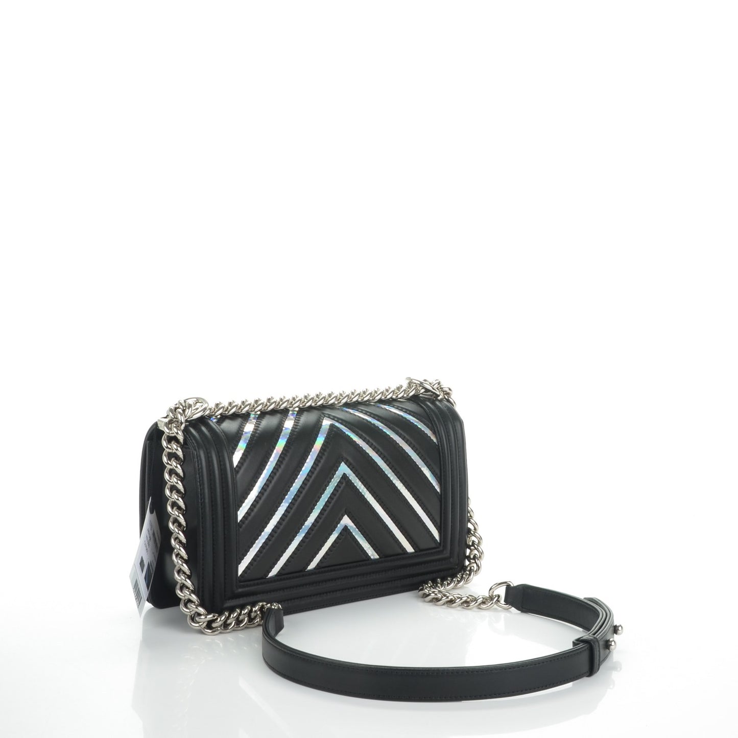 Lambskin Iridescent PVC Chevron Quilted Medium Boy Flap Black Silver