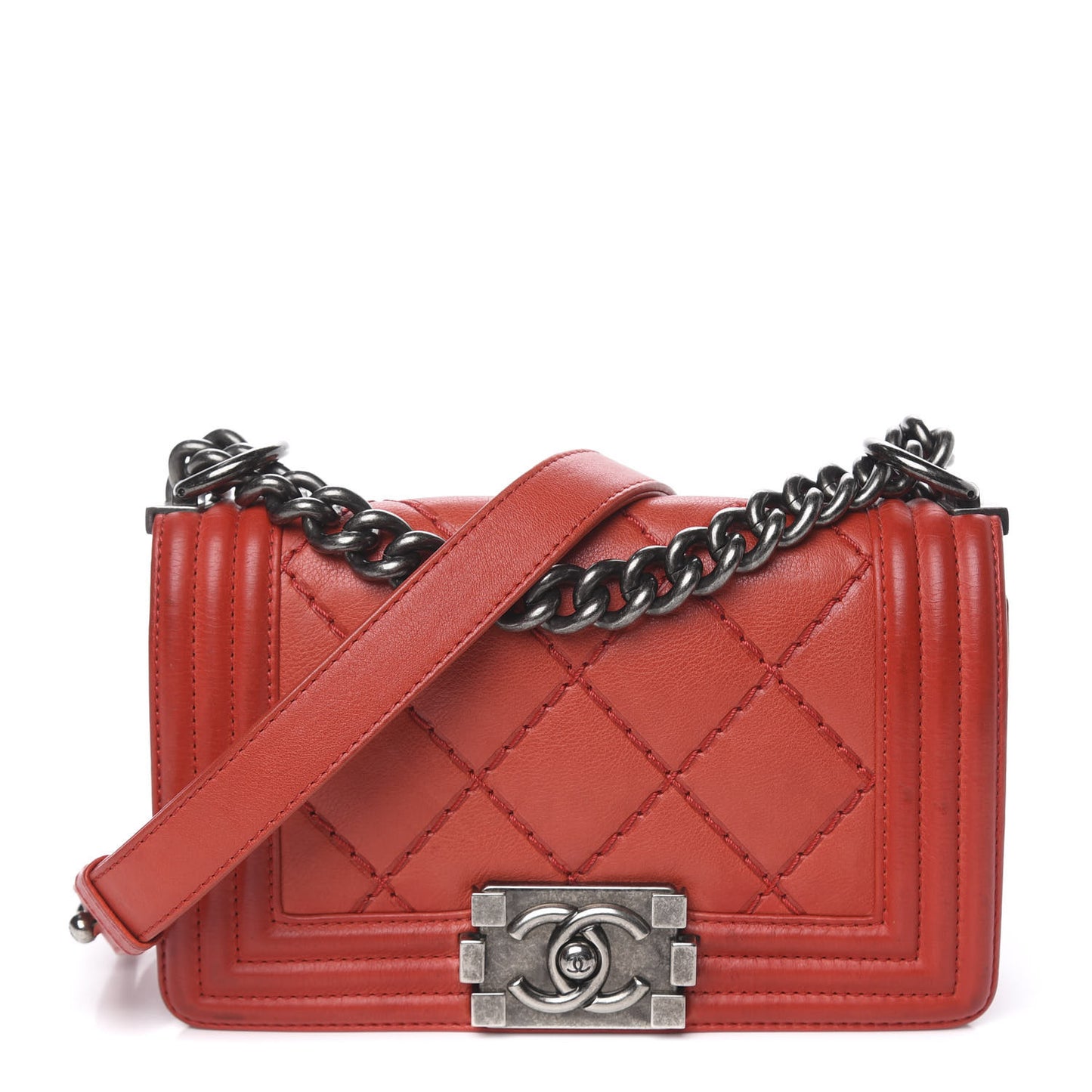 Calfskin Double Stitch Small Boy Flap Red