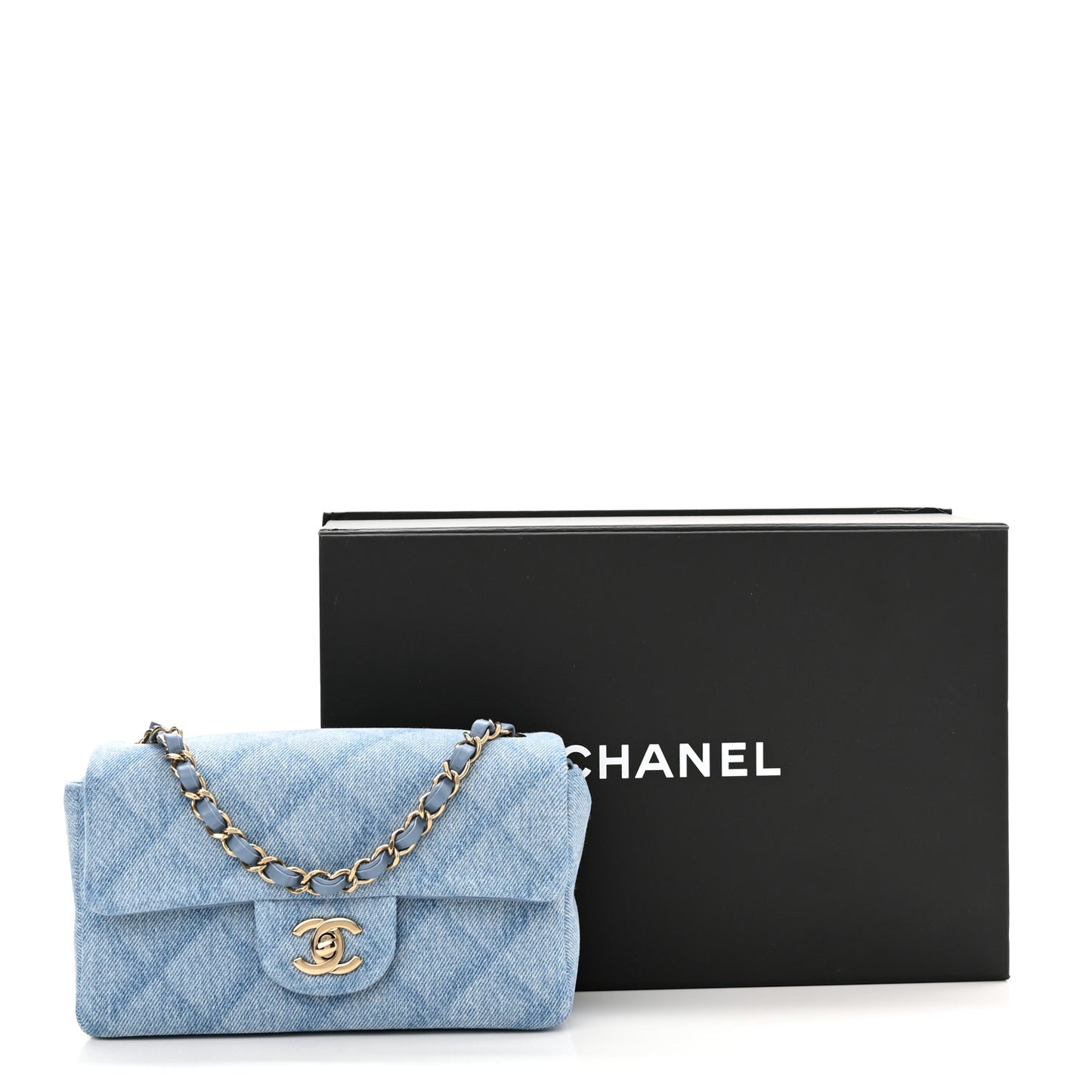Printed Denim Quilted Mini Rectangular Flap Light Blue
