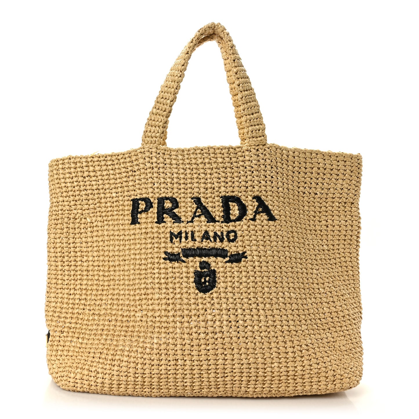 Yarn Raffia Effect Crochet Embroidered Logo Tote Naturale