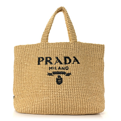 Prada Yarn Raffia Effect Crochet Embroidered Logo Tote Naturale 1 of 8