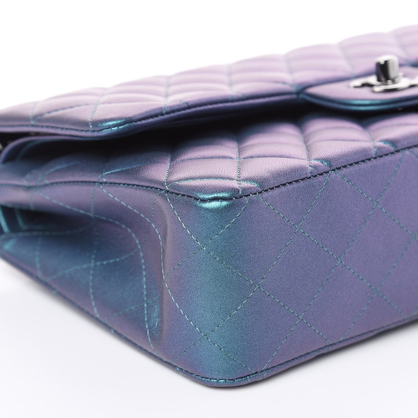 Metallic Lambskin Quilted Medium Double Flap Turquoise