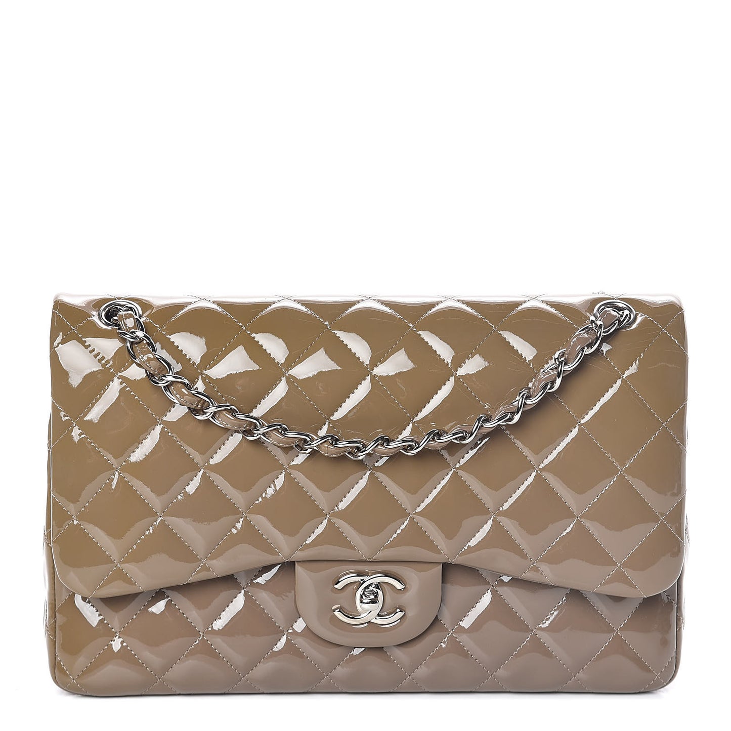 Patent Calfskin Quilted Jumbo Double Flap Grey