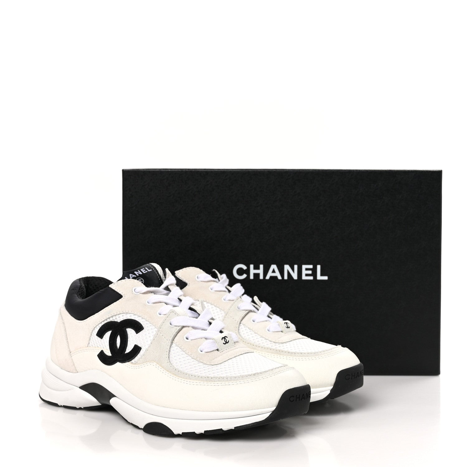 Chanel Mesh Suede Calfskin Grained Calfskin Womens CC Sneakers 39.5 White Black 9 of 9