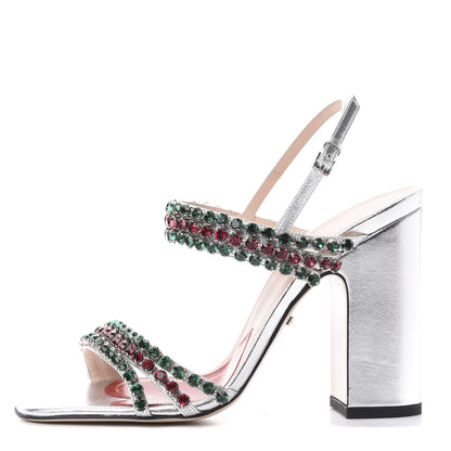 Gucci Nappa Silk Crystal Bertie High Heel Sandals 37 Argento 1 of 11