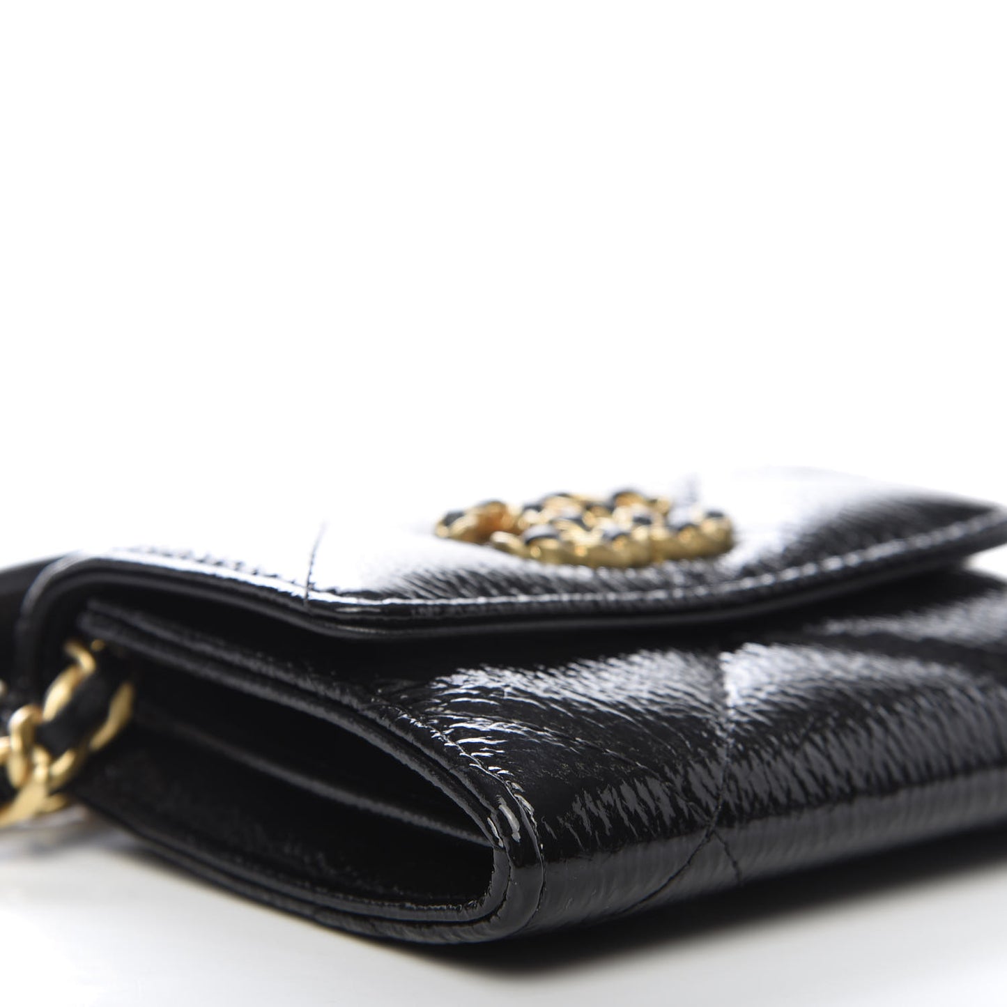 Shiny Crumpled Calfskin Quilted Chanel 19 Flap Coin Purse With Chain Black