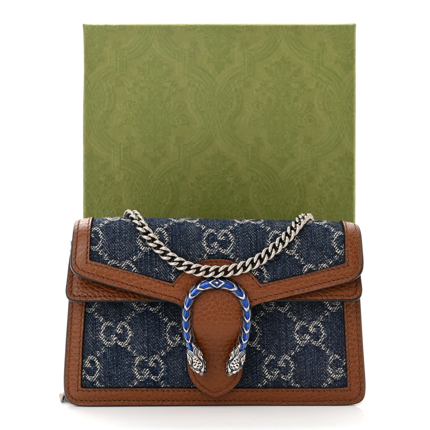 New Denim GG Monogram Dollar Calfskin Enamel Super Mini Dionysus Shoulder Bag Blue Tea Cuir Epilog Electric Blue