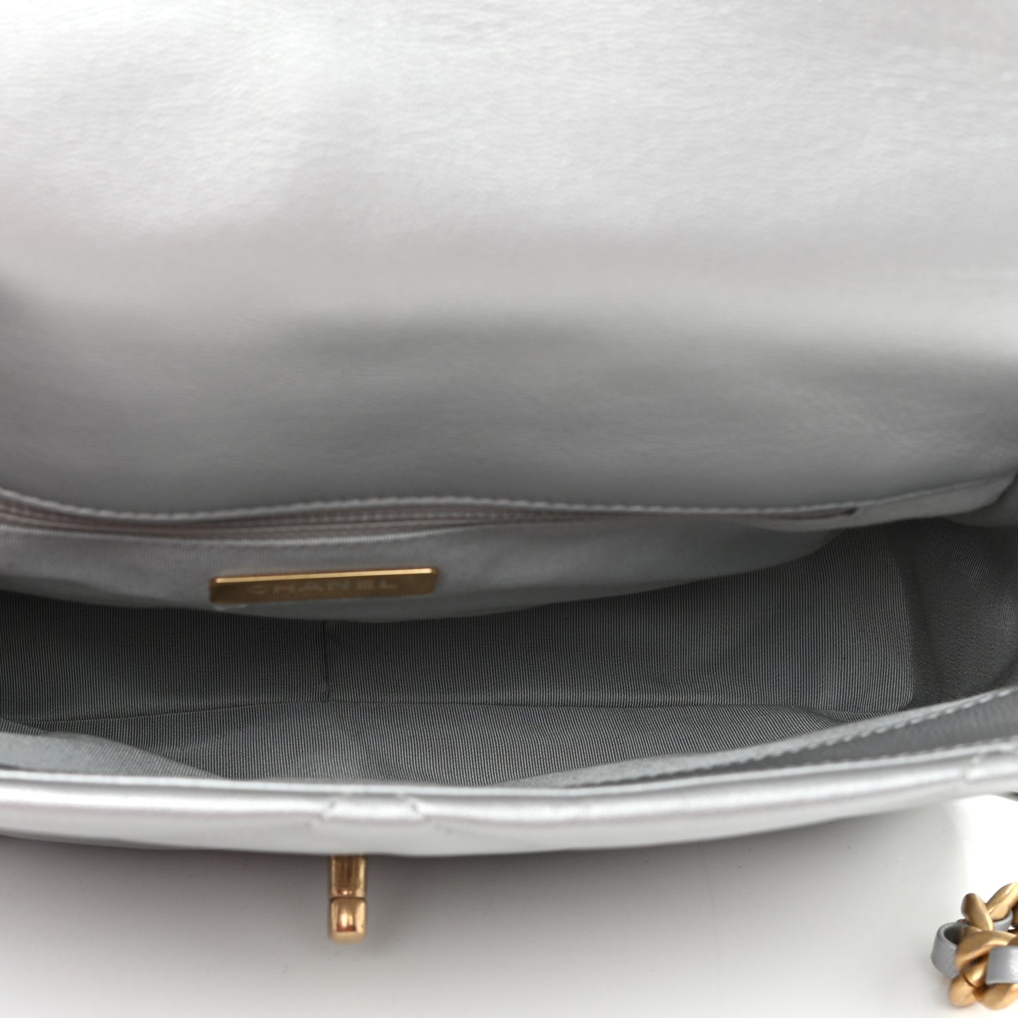Metallic Goatskin Quilted Large Chanel 19 Flap Silver