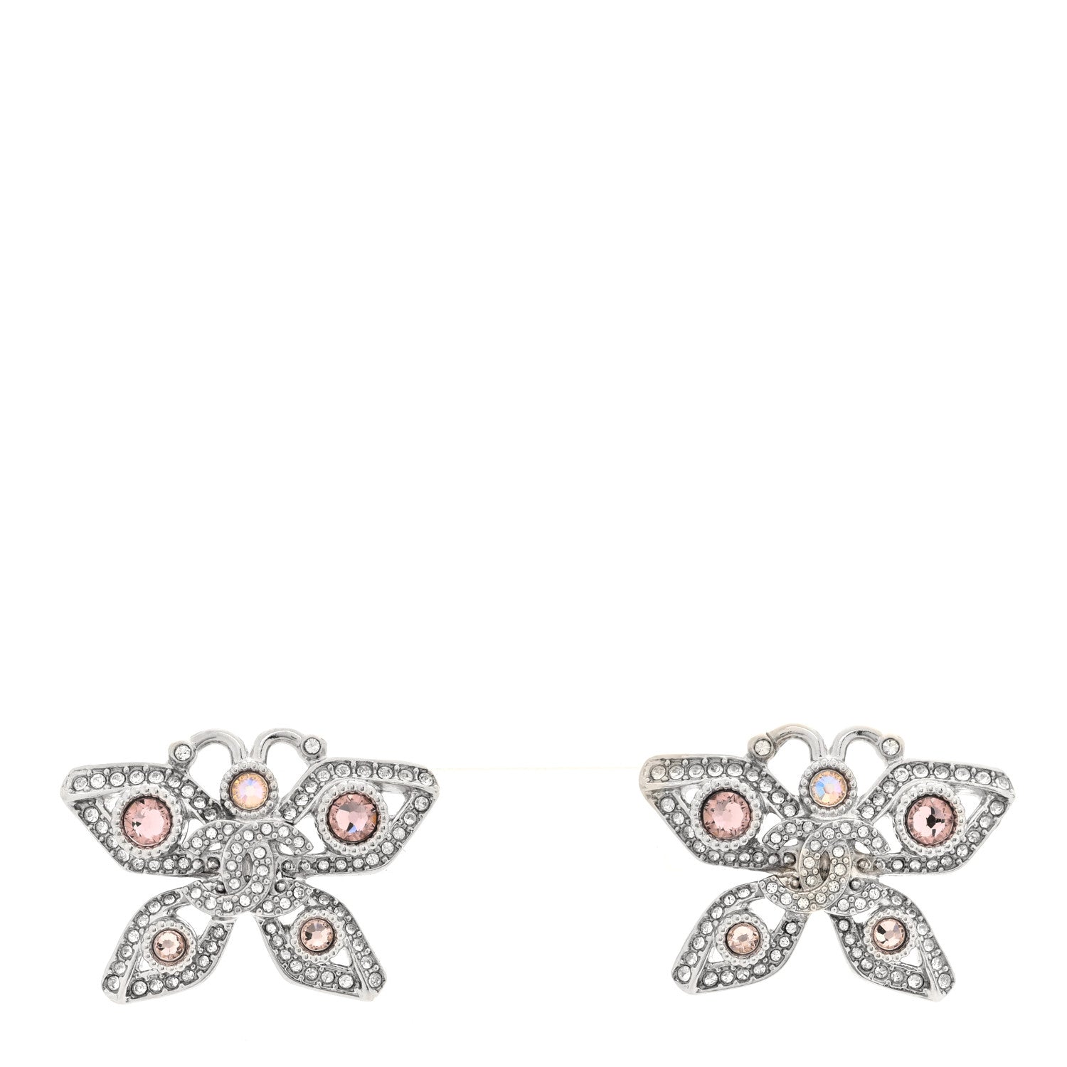 Chanel Crystal CC Butterfly Earrings Silver Pink 1 of 4