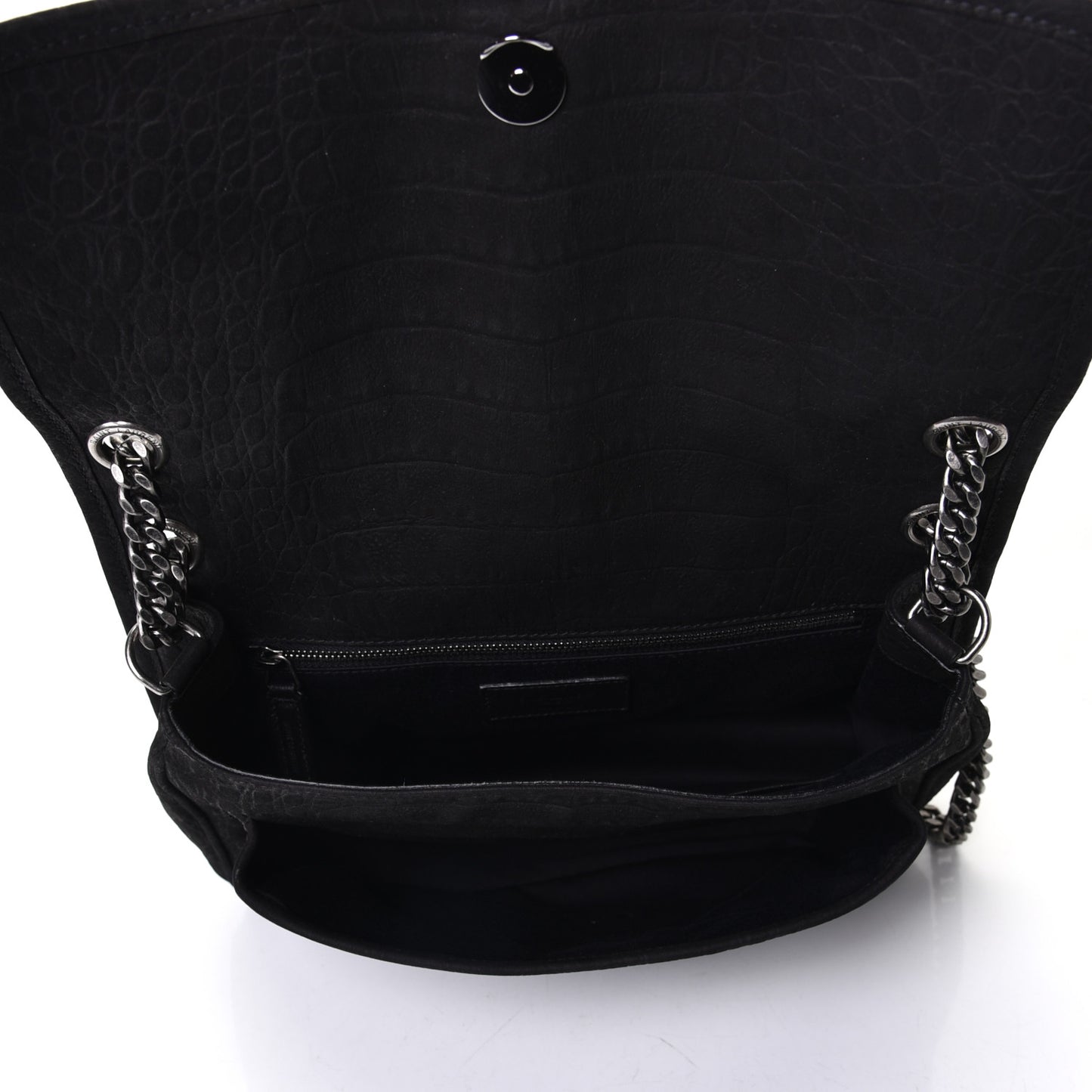 Nubuck Crocodile Embossed Monogram Medium Niki Chain Satchel Black