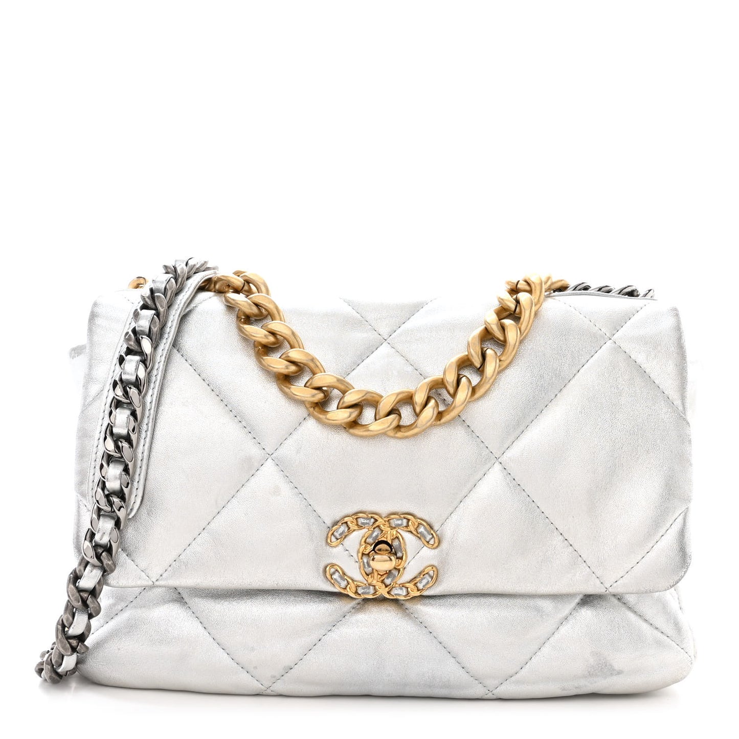 Metallic Lambskin Quilted Large Chanel 19 Flap Silver