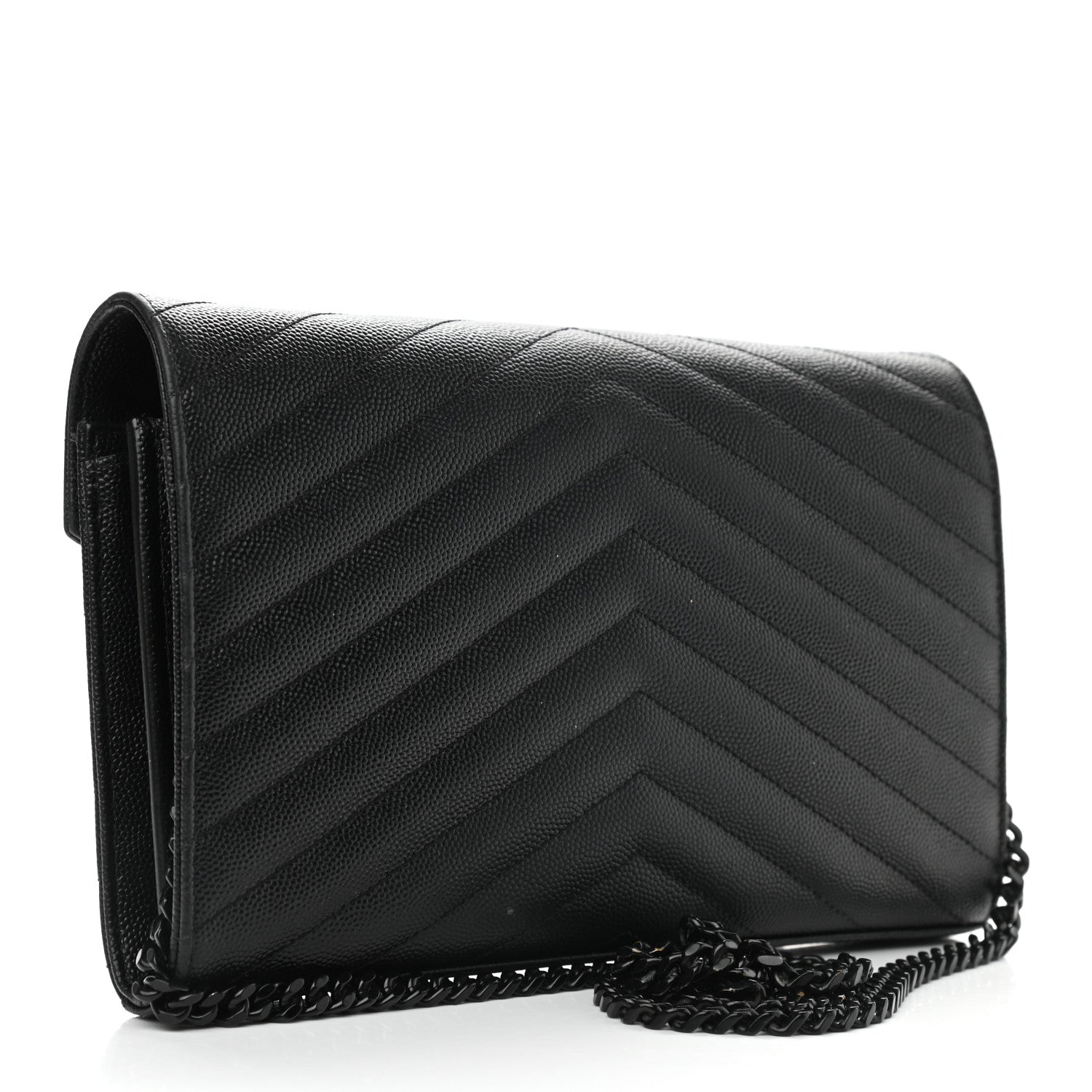 Saint Laurent Grain De Poudre Matelasse Chevron Monogram Chain Wallet Black 3 of 11