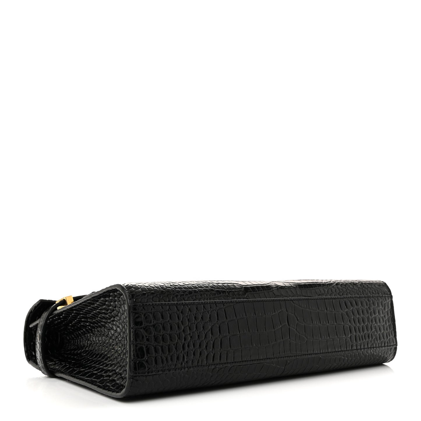 Shiny Calfskin Crocodile Embossed Manhattan Baguette Black