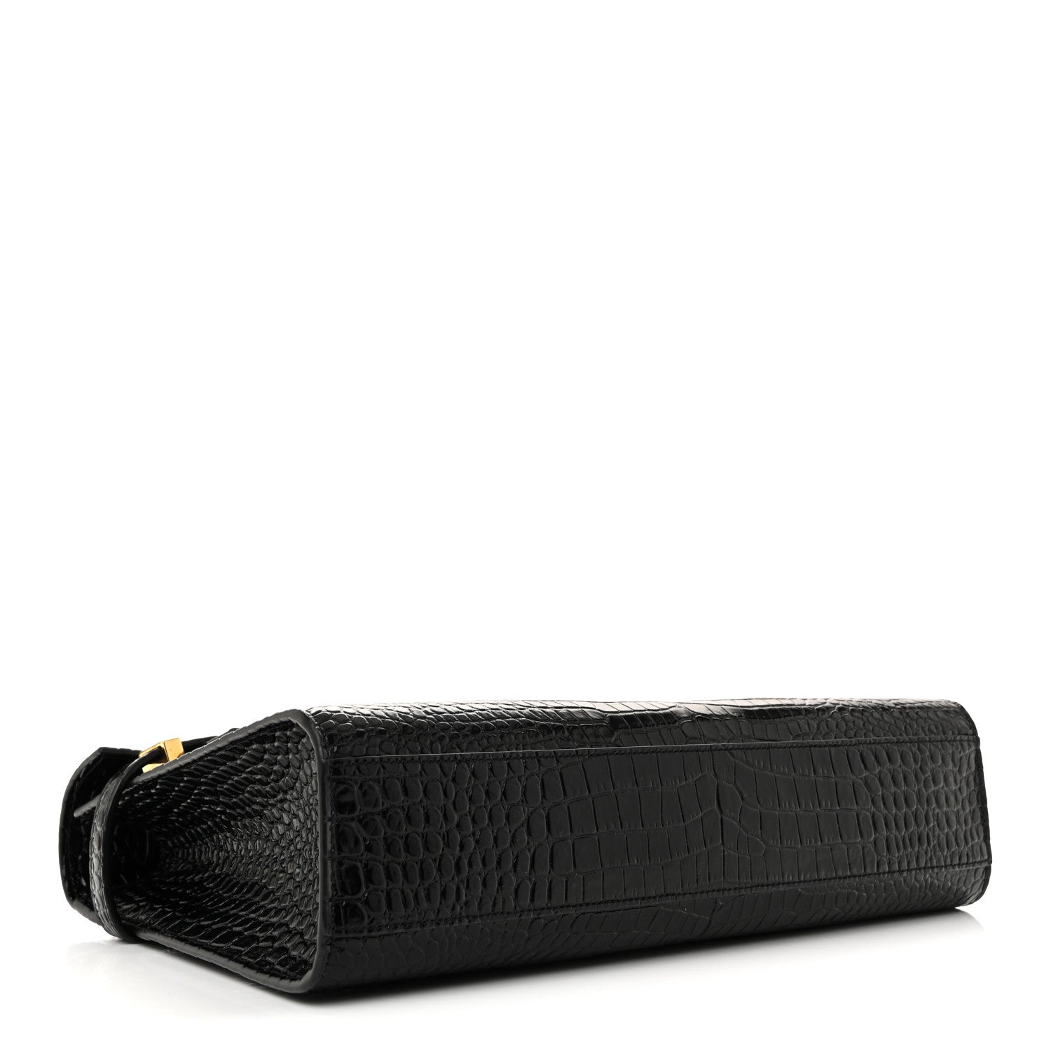 Saint Laurent Shiny Calfskin Crocodile Embossed Manhattan Baguette Black 4 of 10