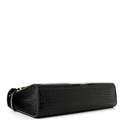 Saint Laurent Shiny Calfskin Crocodile Embossed Manhattan Baguette Black 4 of 10