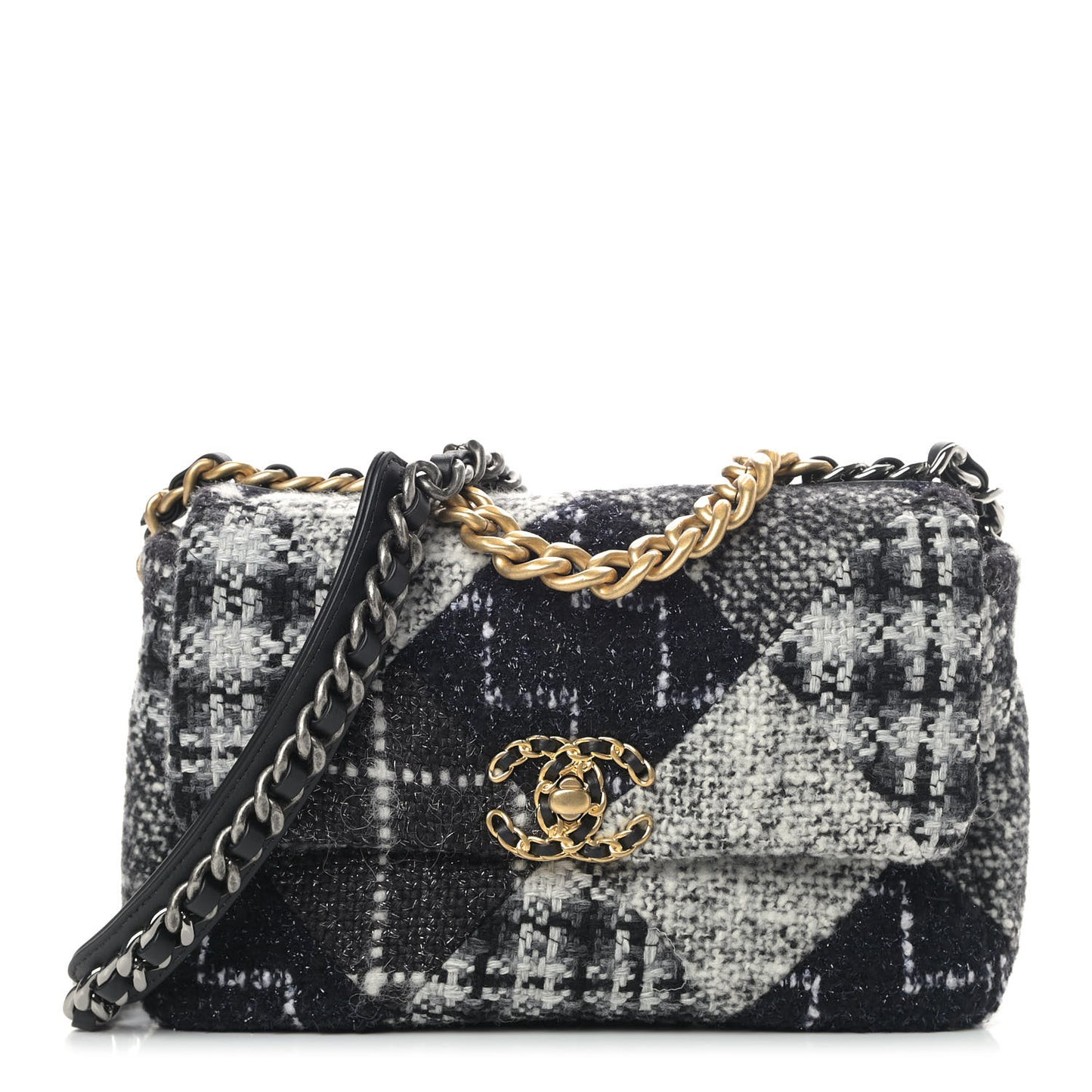 Tweed Quilted Medium Chanel 19 Flap Black White