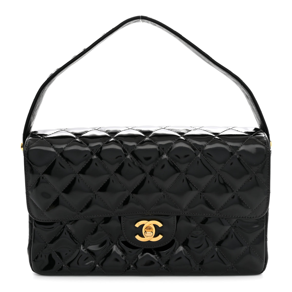 Patent Quilted Double Sided Shoulder Flap Bag Black