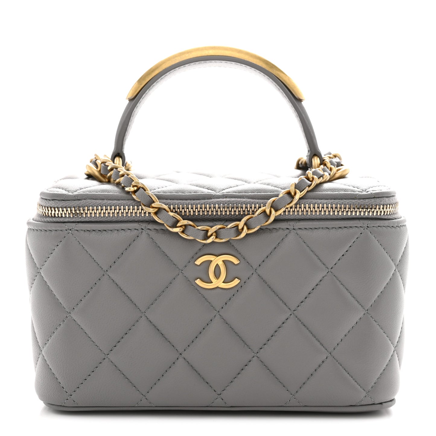 Lambskin Quilted Metal Small Top Handle Vanity Case With Chain Grey